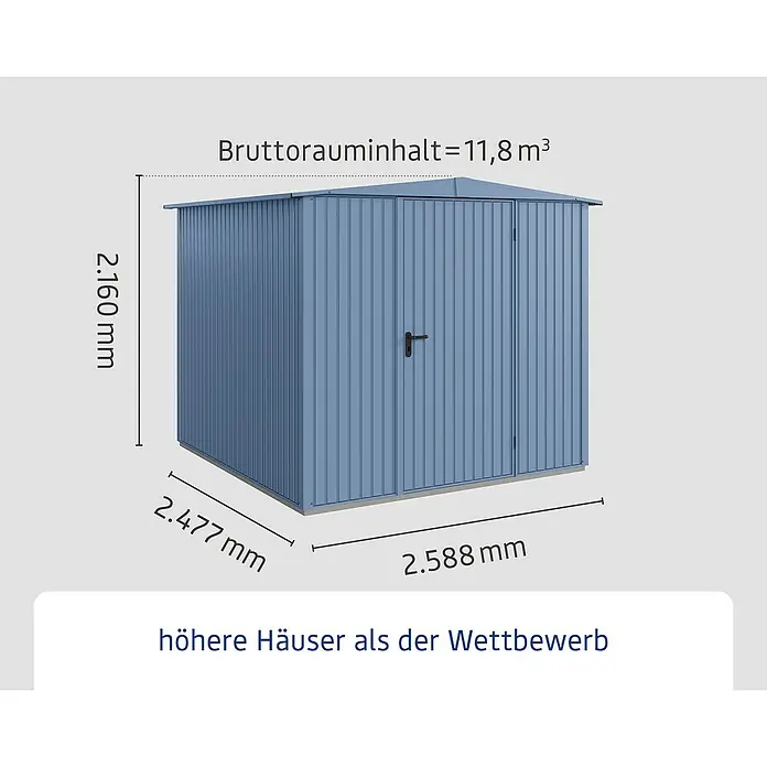 EcoStar Gerätehaus Trend-S Typ 2 - Außenbreite inkl. Dachüberstand: 258,8 cm, Außentiefe inkl. Dachüberstand: 247,7 cm, Taubenblau, Einzeltür - Gartenhaus mit den Maßen 2.160 mm Höhe, 2.477 mm Breite und 2.588 mm Länge. Das Bruttorauminhalt beträgt 11,8 m³.