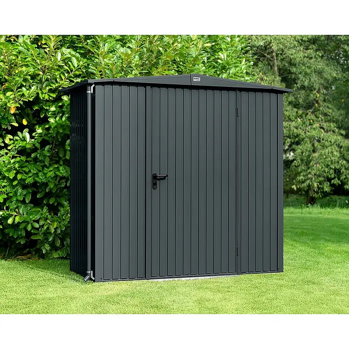 EcoStar Gerätehaus Trend-S Typ 1 - Außenbreite inkl. Dachüberstand: 258,8 cm, Außentiefe inkl. Dachüberstand: 121,3 cm, Anthrazitgrau, Einzeltür - Ein modernes, anthrazitfarbenes Gerätehaus aus Metall mit Doppeltür und geriffelter Oberfläche, ideal für den Garten oder die Terrasse.
