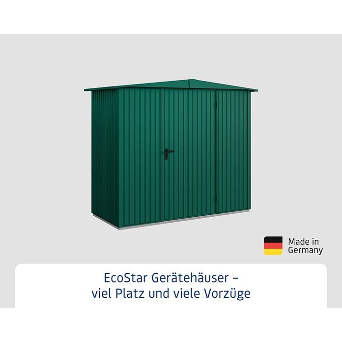 EcoStar Gerätehaus Trend-S Typ 1 (Außenbreite inkl. Dachüberstand: 258,8 cm, Außentiefe inkl. Dachüberstand: 121,3 cm, Moosgrün, Einzeltür) | BAUHAUS