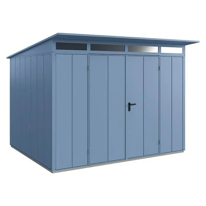 EcoStar Gerätehaus Elegant-P Typ 3 - Außenmaß inkl. Dachüberstand (B x T): 312,7 x 283,4 cm, Taubenblau, Doppeltür - Moderne blaue Gerätehaus mit Flachdach und praktischer Tür mit Griff. Ideal zur Aufbewahrung von Gartengeräten und Werkzeugen im Außenbereich.