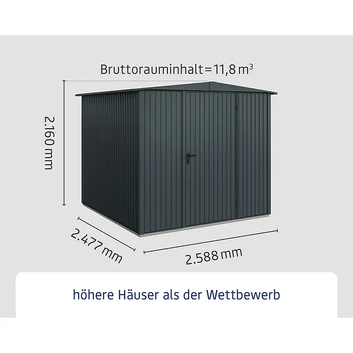 EcoStar Gerätehaus Trend-S Typ 2 - Außenbreite inkl. Dachüberstand: 258,8 cm, Außentiefe inkl. Dachüberstand: 247,7 cm, Anthrazitgrau, Einzeltür - Abbildung eines Gartenhauses mit den Maßen 2.160 mm Höhe, 2.477 mm Tiefe und 2.588 mm Breite.