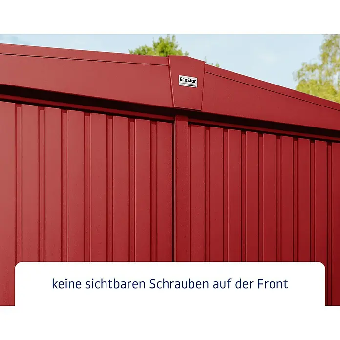 EcoStar Gerätehaus Trend-S Typ 2 - Außenbreite inkl. Dachüberstand: 258,8 cm, Außentiefe inkl. Dachüberstand: 247,7 cm, Purpurrot, Einzeltür - Das EcoStar-Metallgerätehaus in Rot: Keine sichtbaren Schrauben an der Front, für ein sauberes, ästhetisches Erscheinungsbild.
