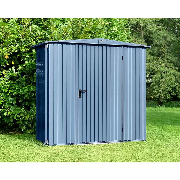 EcoStar Gerätehaus Trend-S Typ 1 - Außenbreite inkl. Dachüberstand: 258,8 cm, Außentiefe inkl. Dachüberstand: 121,3 cm, Taubenblau, Einzeltür - Blaues Metall-Gartengerätehaus mit Tür und schwarzem Griff.