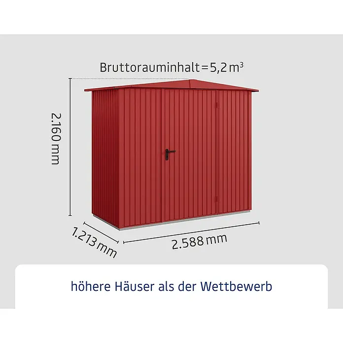 EcoStar Gerätehaus Trend-S Typ 1 - Außenbreite inkl. Dachüberstand: 258,8 cm, Außentiefe inkl. Dachüberstand: 121,3 cm, Purpurrot, Einzeltür - Abbildung eines roten Gerätehauses mit den Maßen 2.160 mm Höhe, 1.213 mm Tiefe und 2.588 mm Breite.