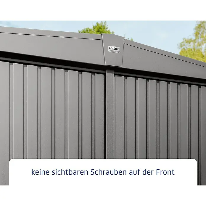 EcoStar Gerätehaus Trend-S Typ 3 - Außenbreite inkl. Dachüberstand: 323,6 cm, Außentiefe inkl. Dachüberstand: 247,7 cm, Grau, Einzeltür - EcoStar Gerätehaus mit einer Fassade ohne sichtbare Schrauben für eine saubere Optik und hohe Witterungsbeständigkeit.