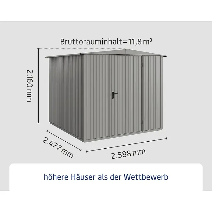 EcoStar Gerätehaus Trend-S Typ 2 - Außenbreite inkl. Dachüberstand: 258,8 cm, Außentiefe inkl. Dachüberstand: 247,7 cm, Grau, Einzeltür - Abbildung eines grauen Metallgerätehauses mit den Maßen 2,160 mm Höhe, 2,477 mm Breite und 2,588 mm Tiefe.