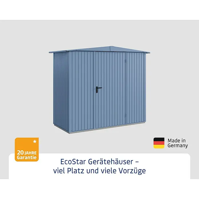 EcoStar Gerätehaus Trend-S Typ 1 - Außenbreite inkl. Dachüberstand: 258,8 cm, Außentiefe inkl. Dachüberstand: 121,3 cm, Taubenblau, Einzeltür - Abbildung eines EcoStar Gerätehauses mit viel Platz und Vorteilen, hergestellt in Deutschland und mit 20 Jahren Garantie.