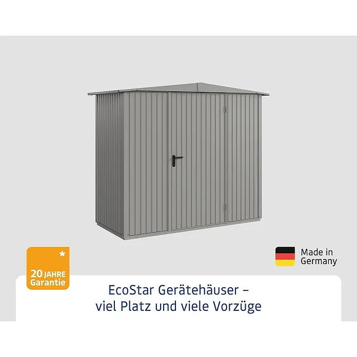 EcoStar Gerätehaus Trend-S Typ 1 - Außenbreite inkl. Dachüberstand: 258,8 cm, Außentiefe inkl. Dachüberstand: 121,3 cm, Grau, Einzeltür - Abbildung eines EcoStar Gerätehauses, das viel Platz und viele Vorteile bietet.\n