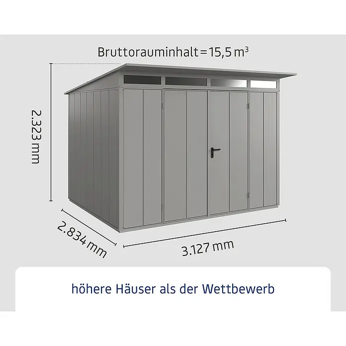 EcoStar Gerätehaus Elegant-P Typ 3 - Außenmaß inkl. Dachüberstand (B x T): 312,7 x 283,4 cm, Grau, Doppeltür - Abbildung eines Gerätehauses mit den Maßen 2,323 mm Höhe, 2,834 mm Tiefe und 3,127 mm Breite. Das Bruttorauminhalt beträgt 15,5 m³.
