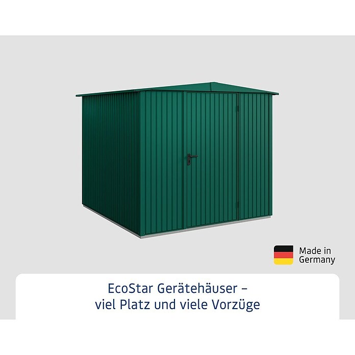 EcoStar Gerätehaus Trend-S Typ 2 (Außenbreite inkl. Dachüberstand: 258,8 cm, Außentiefe inkl. Dachüberstand: 247,7 cm, Moosgrün, Einzeltür) | BAUHAUS