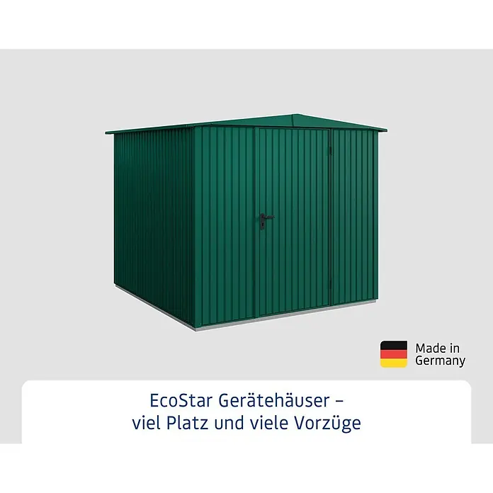 EcoStar Gerätehaus Trend-S Typ 2 - Außenbreite inkl. Dachüberstand: 258,8 cm, Außentiefe inkl. Dachüberstand: 247,7 cm, Moosgrün, Einzeltür - Abbildung eines grünen EcoStar Gerätehauses mit 20 Jahre Garantie und dem Hinweis "Made in Germany".