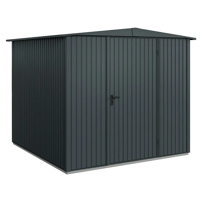 EcoStar Gerätehaus Trend-S Typ 2 - Außenbreite inkl. Dachüberstand: 258,8 cm, Außentiefe inkl. Dachüberstand: 247,7 cm, Anthrazitgrau, Einzeltür - Abbildung eines grauen Metall-Gartenschuppens mit Doppeltür und Satteldach.