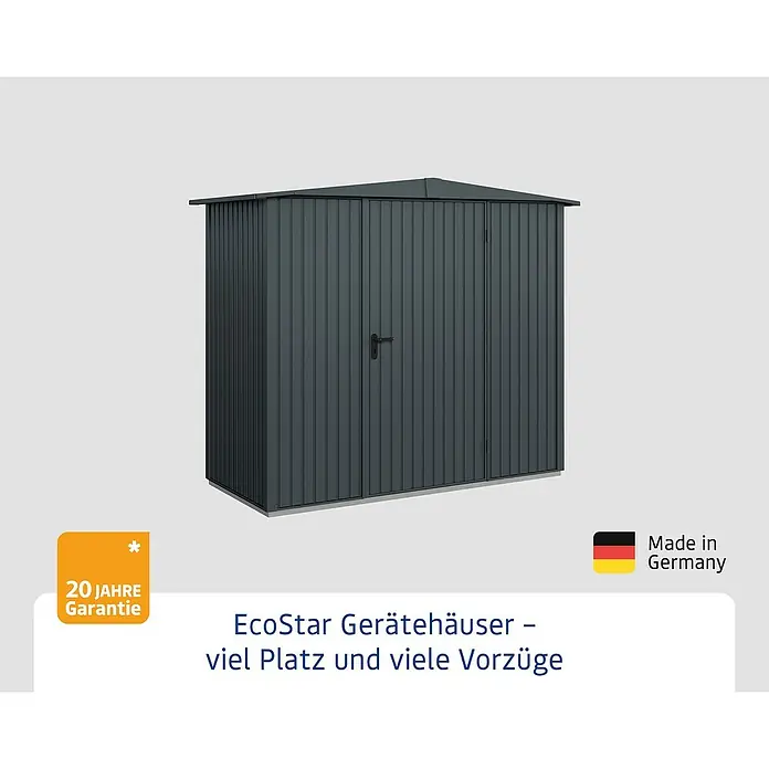 EcoStar Gerätehaus Trend-S Typ 1 - Außenbreite inkl. Dachüberstand: 258,8 cm, Außentiefe inkl. Dachüberstand: 121,3 cm, Anthrazitgrau, Einzeltür - EcoStar Gerätehaus: viel Platz und viele Vorzüge. Das Gerätehaus bietet 20 Jahre Garantie und wurde in Deutschland hergestellt.