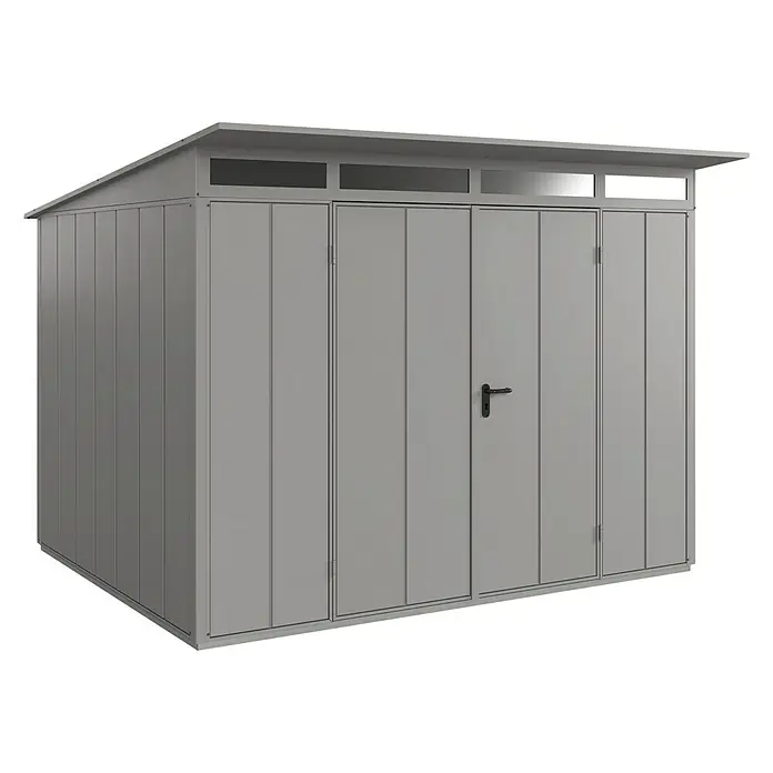 EcoStar Gerätehaus Elegant-P Typ 3 - Außenmaß inkl. Dachüberstand (B x T): 312,7 x 283,4 cm, Grau, Doppeltür - Diese Aufnahme zeigt ein Gerätehaus, das eine ausgezeichnete Lösung für die Aufbewahrung von Gartengeräten und Werkzeugen bietet.