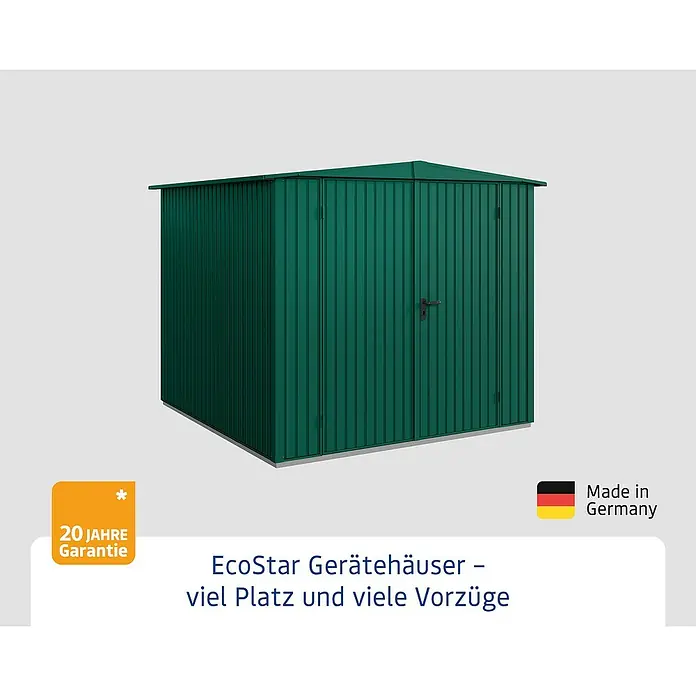 EcoStar Gerätehaus Trend-S Typ 2 - Außenbreite inkl. Dachüberstand: 258,8 cm, Außentiefe inkl. Dachüberstand: 247,7 cm, Moosgrün, Doppeltür - EcoStar Gerätehaus: Geräumiges Gartenhaus in Grün für die Aufbewahrung von Gartengeräten. Mit 20 Jahre Garantie und Made in Germany.