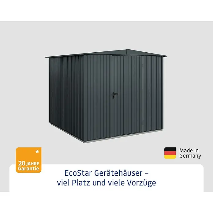 EcoStar Gerätehaus Trend-S Typ 2 - Außenbreite inkl. Dachüberstand: 258,8 cm, Außentiefe inkl. Dachüberstand: 247,7 cm, Anthrazitgrau, Einzeltür - Produktbild eines EcoStar Gerätehauses, ideal zur Aufbewahrung von Gartengeräten. Hergestellt in Deutschland mit 20 Jahren Garantie.