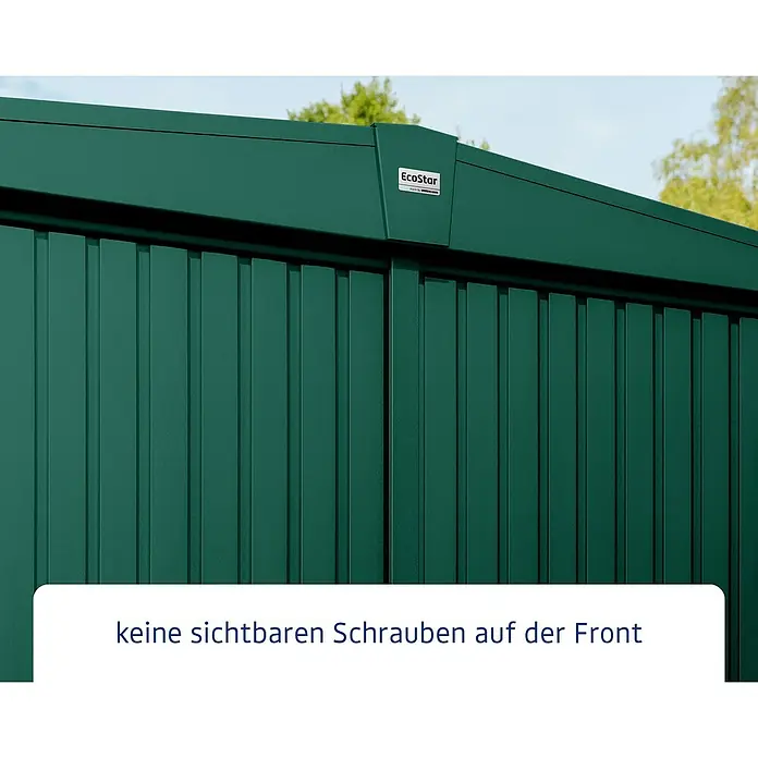 EcoStar Gerätehaus Trend-S Typ 3 - Außenbreite inkl. Dachüberstand: 323,6 cm, Außentiefe inkl. Dachüberstand: 247,7 cm, Moosgrün, Einzeltür - Nahaufnahme eines EcoStar Gerätehauses in Grün, das eine Konstruktion ohne sichtbare Schrauben an der Vorderseite zeigt.