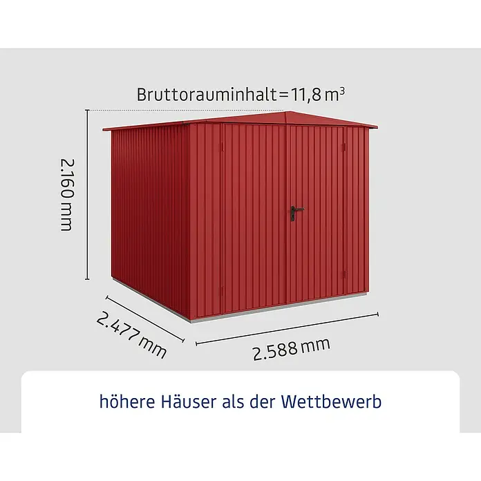 EcoStar Gerätehaus Trend-S Typ 2 - Außenbreite inkl. Dachüberstand: 258,8 cm, Außentiefe inkl. Dachüberstand: 247,7 cm, Purpurrot, Doppeltür - Abbildung eines roten Gerätehauses mit den Maßen 2.160 mm Höhe, 2.477 mm Breite und 2.588 mm Tiefe. Bruttorauminhalt beträgt 11,8 m³.