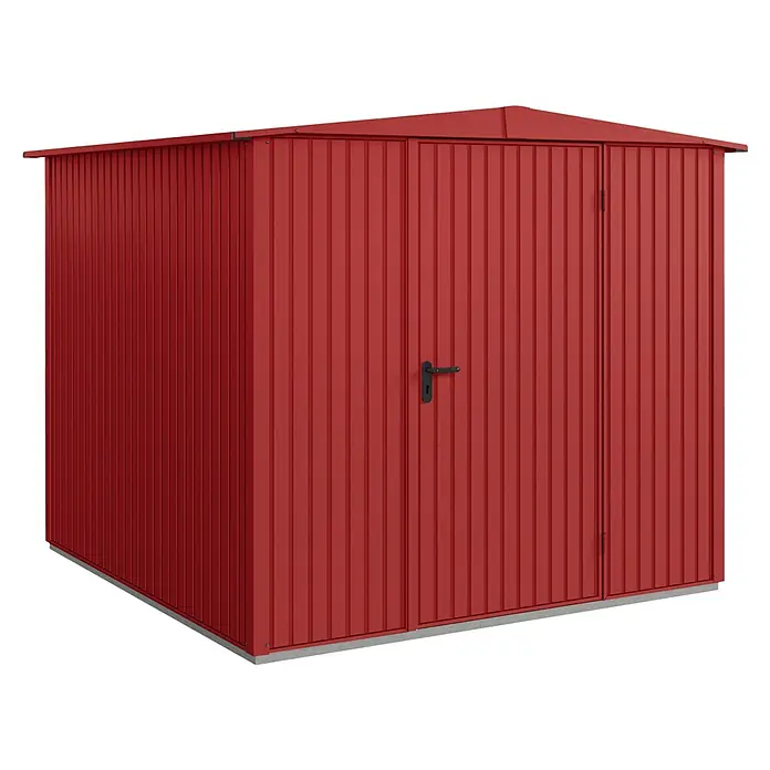 EcoStar Gerätehaus Trend-S Typ 2 - Außenbreite inkl. Dachüberstand: 258,8 cm, Außentiefe inkl. Dachüberstand: 247,7 cm, Purpurrot, Einzeltür - Ein roter Metallgartenhaus mit Doppeltür und einem Griff in der Mitte der linken Tür, ideal für die Aufbewahrung von Gartengeräten.