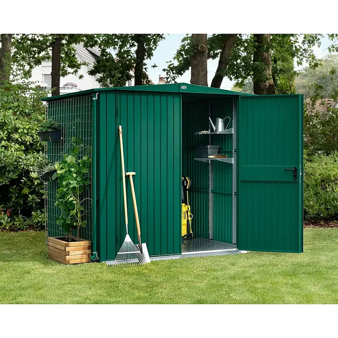 EcoStar Gerätehaus Trend-S Typ 2 - Außenbreite inkl. Dachüberstand: 258,8 cm, Außentiefe inkl. Dachüberstand: 247,7 cm, Moosgrün, Doppeltür - Geräumiger, grüner Gartenschrank mit offenstehender Tür, der viel Stauraum für Gartengeräte und Zubehör bietet.