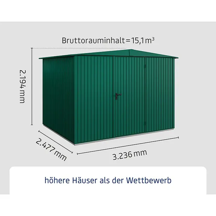 EcoStar Gerätehaus Trend-S Typ 3 - Außenbreite inkl. Dachüberstand: 323,6 cm, Außentiefe inkl. Dachüberstand: 247,7 cm, Moosgrün, Einzeltür - Abbildung eines grünen Gerätehauses mit den Maßen 2,194 mm Höhe, 2,477 mm Breite und 3,236 mm Länge.\n