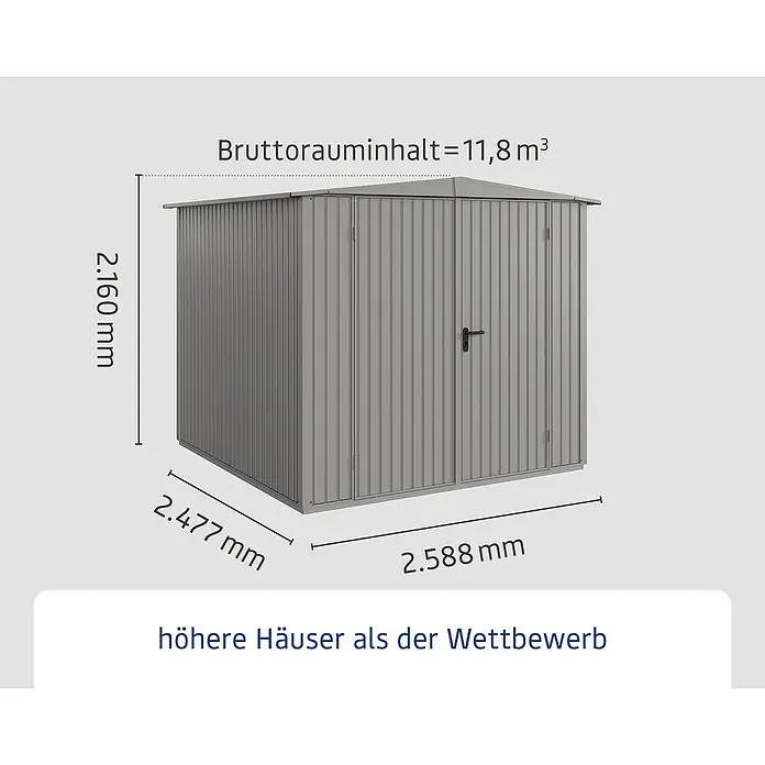 EcoStar Gerätehaus Trend-S Typ 2 - Außenbreite inkl. Dachüberstand: 258,8 cm, Außentiefe inkl. Dachüberstand: 247,7 cm, Grau, Doppeltür - Abbildung eines Gerätehauses mit den Maßen 2.160 mm Höhe, 2.477 mm Tiefe und 2.588 mm Breite sowie einem Bruttorauminhalt von 11,8 m³.