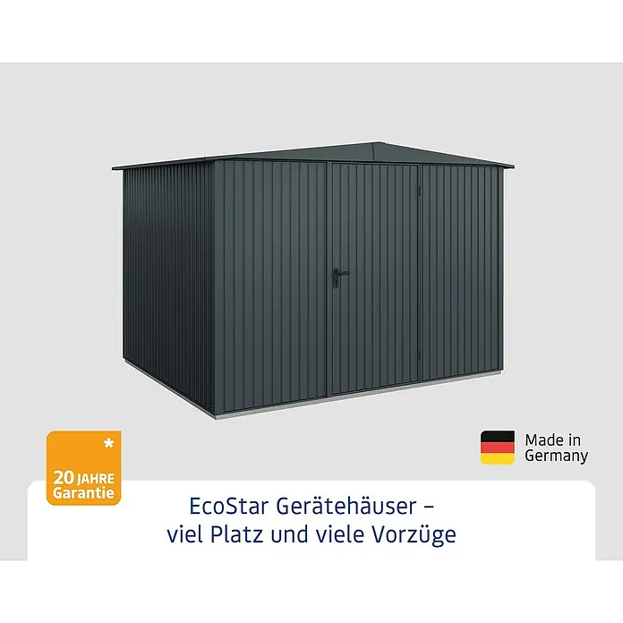 EcoStar Gerätehaus Trend-S Typ 3 - Außenbreite inkl. Dachüberstand: 323,6 cm, Außentiefe inkl. Dachüberstand: 247,7 cm, Anthrazitgrau, Einzeltür - Das EcoStar Gerätehaus bietet viel Platz und zahlreiche Vorteile für die Aufbewahrung im Garten. Made in Germany, mit 20 Jahre Garantie.