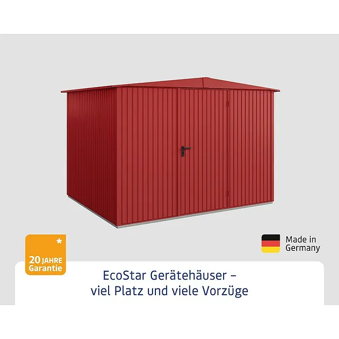 EcoStar Gerätehaus Trend-S Typ 3 - Außenbreite inkl. Dachüberstand: 323,6 cm, Außentiefe inkl. Dachüberstand: 247,7 cm, Purpurrot, Einzeltür - Ein rotes EcoStar Gerätehaus mit Doppeltür und 20 Jahre Garantie, hergestellt in Deutschland, bietet viel Platz für Gartengeräte.