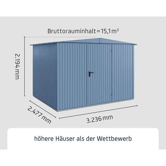 EcoStar Gerätehaus Trend-S Typ 3 - Außenbreite inkl. Dachüberstand: 323,6 cm, Außentiefe inkl. Dachüberstand: 247,7 cm, Taubenblau, Einzeltür - Abbildung eines Gartenhauses mit Maßangaben. Das Gerätehaus hat eine Größe von 3.236 mm x 2.477 mm x 2.194 mm.