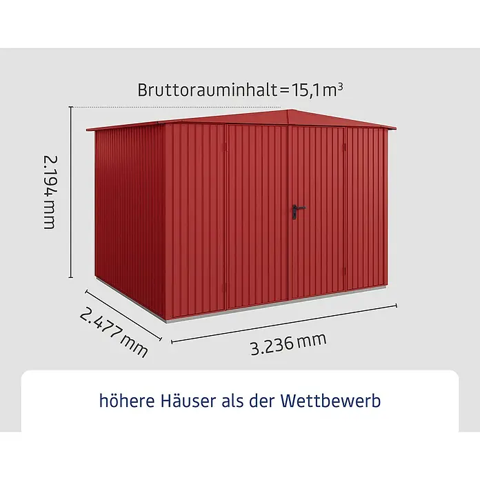 EcoStar Gerätehaus Trend-S Typ 3 - Außenbreite inkl. Dachüberstand: 323,6 cm, Außentiefe inkl. Dachüberstand: 247,7 cm, Purpurrot, Doppeltür - Bild eines roten Metallgartenschuppens mit den Maßen 2.194 mm Höhe, 2.477 mm Breite und 3.236 mm Länge. Das Bruttorauminhalt beträgt 15,1 m³.
