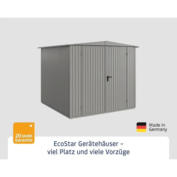EcoStar Gerätehaus Trend-S Typ 2 - Außenbreite inkl. Dachüberstand: 258,8 cm, Außentiefe inkl. Dachüberstand: 247,7 cm, Grau, Doppeltür - Abbildung eines EcoStar Gerätehauses, das viel Platz und viele Vorzüge bietet, mit 20 Jahren Garantie, hergestellt in Deutschland.