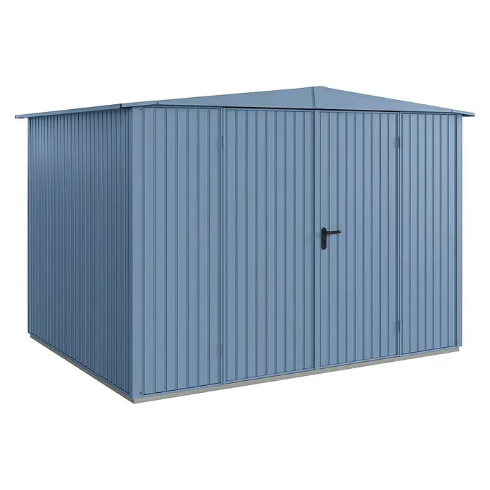 EcoStar Gerätehaus Trend-S Typ 3 - Außenbreite inkl. Dachüberstand: 323,6 cm, Außentiefe inkl. Dachüberstand: 247,7 cm, Taubenblau, Doppeltür - Das Bild zeigt ein geräumiges, blaues Metallgartenhaus mit Doppeltür und einem soliden Fundament, ideal für die Aufbewahrung von Gartengeräten.