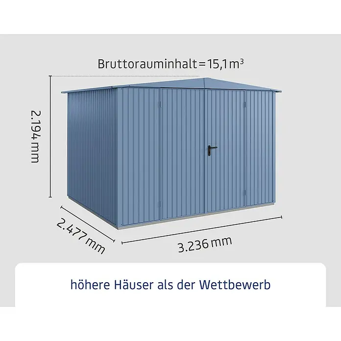 EcoStar Gerätehaus Trend-S Typ 3 - Außenbreite inkl. Dachüberstand: 323,6 cm, Außentiefe inkl. Dachüberstand: 247,7 cm, Taubenblau, Doppeltür - Abbildung eines Gerätehauses mit den Maßen 2.194 mm Höhe, 2.477 mm Breite und 3.236 mm Länge. Bruttorauminhalt beträgt 15,1 m³.