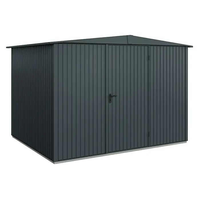 EcoStar Gerätehaus Trend-S Typ 3 - Außenbreite inkl. Dachüberstand: 323,6 cm, Außentiefe inkl. Dachüberstand: 247,7 cm, Anthrazitgrau, Einzeltür - Abbildung eines modernen Metallgerätehauses mit Doppeltür und schlichtem Design. Ideal für die Gartenaufbewahrung.