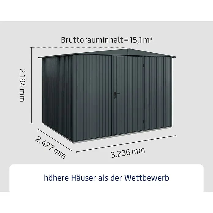 EcoStar Gerätehaus Trend-S Typ 3 - Außenbreite inkl. Dachüberstand: 323,6 cm, Außentiefe inkl. Dachüberstand: 247,7 cm, Anthrazitgrau, Einzeltür - Bild einer grauen Gartenbox mit den Maßen 2.194 mm hoch, 2.477 mm tief und 3.236 mm breit und einem Bruttorauminhalt von 15,1 m³.