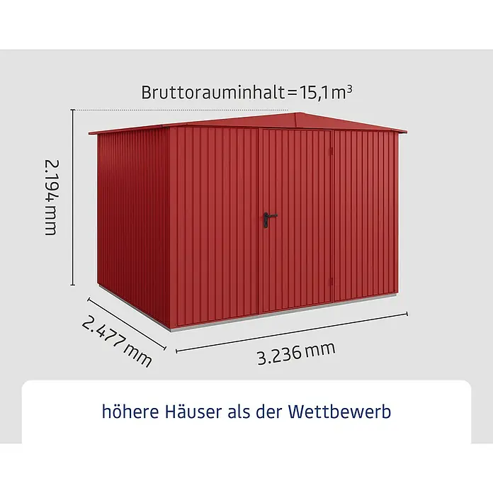 EcoStar Gerätehaus Trend-S Typ 3 - Außenbreite inkl. Dachüberstand: 323,6 cm, Außentiefe inkl. Dachüberstand: 247,7 cm, Purpurrot, Einzeltür - Abbildung eines roten Gartenhauses mit den Maßen 2.194 mm Höhe, 2.477 mm Breite und 3.236 mm Länge. Das Bruttorauminhalt beträgt 15,1 m³.