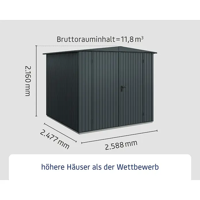 EcoStar Gerätehaus Trend-S Typ 2 - Außenbreite inkl. Dachüberstand: 258,8 cm, Außentiefe inkl. Dachüberstand: 247,7 cm, Anthrazitgrau, Doppeltür - Abbildung eines Gerätehauses mit den Maßen 2.160 mm Höhe, 2.477 mm Breite und 2.588 mm Tiefe. Bruttorauminhalt beträgt 11,8 m³.