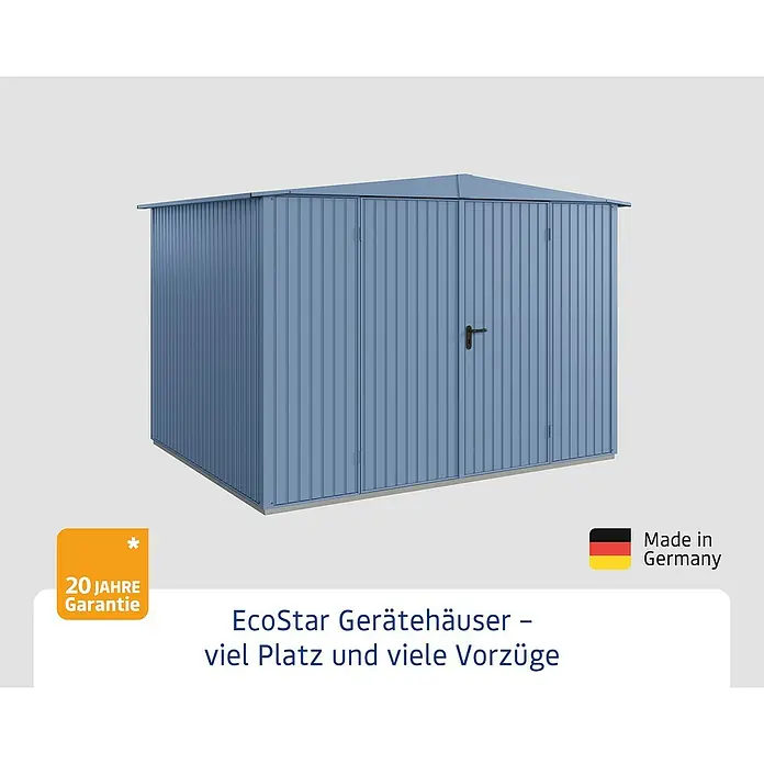 EcoStar Gerätehaus Trend-S Typ 3 - Außenbreite inkl. Dachüberstand: 323,6 cm, Außentiefe inkl. Dachüberstand: 247,7 cm, Taubenblau, Doppeltür - EcoStar Gerätehaus: Robustes Gartenhaus für viel Stauraum und Ordnung im Außenbereich. Made in Germany mit 20 Jahre Garantie.