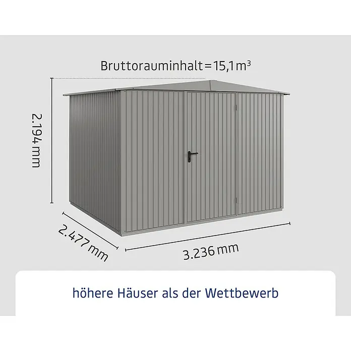 EcoStar Gerätehaus Trend-S Typ 3 - Außenbreite inkl. Dachüberstand: 323,6 cm, Außentiefe inkl. Dachüberstand: 247,7 cm, Grau, Einzeltür - Abbildung eines Gerätehauses mit den Maßen 2.194 mm Höhe, 2.477 mm Breite und 3.236 mm Länge. Bruttorauminhalt beträgt 15,1 m³.