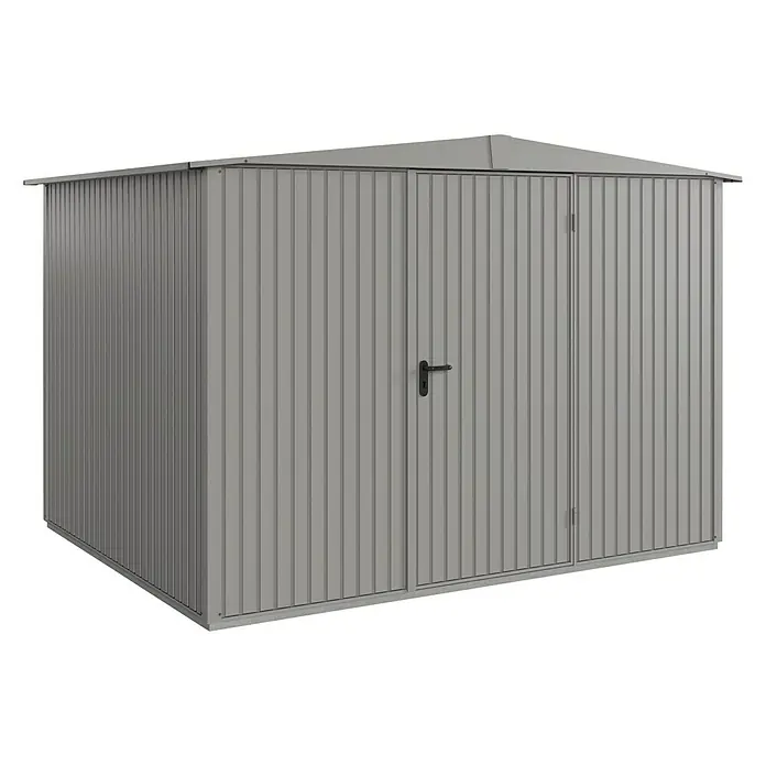 EcoStar Gerätehaus Trend-S Typ 3 - Außenbreite inkl. Dachüberstand: 323,6 cm, Außentiefe inkl. Dachüberstand: 247,7 cm, Grau, Einzeltür - Abbildung eines grauen Metallgartenschuppens mit Doppeltür und Giebeldach. Ideal zur Aufbewahrung von Gartengeräten.