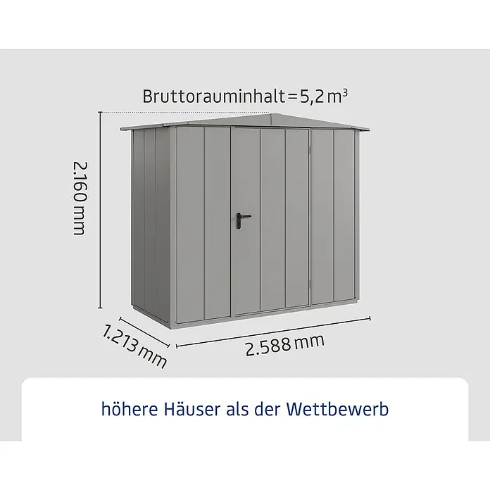 EcoStar Gerätehaus Elegant-S Typ 1 - Außenbreite inkl. Dachüberstand: 258,8 cm, Außentiefe inkl. Dachüberstand: 121,3 cm, Grau, Einzeltür - Abbildung eines Gerätehauses mit den Maßen 2.160 mm Höhe, 1.213 mm Tiefe und 2.588 mm Breite.
