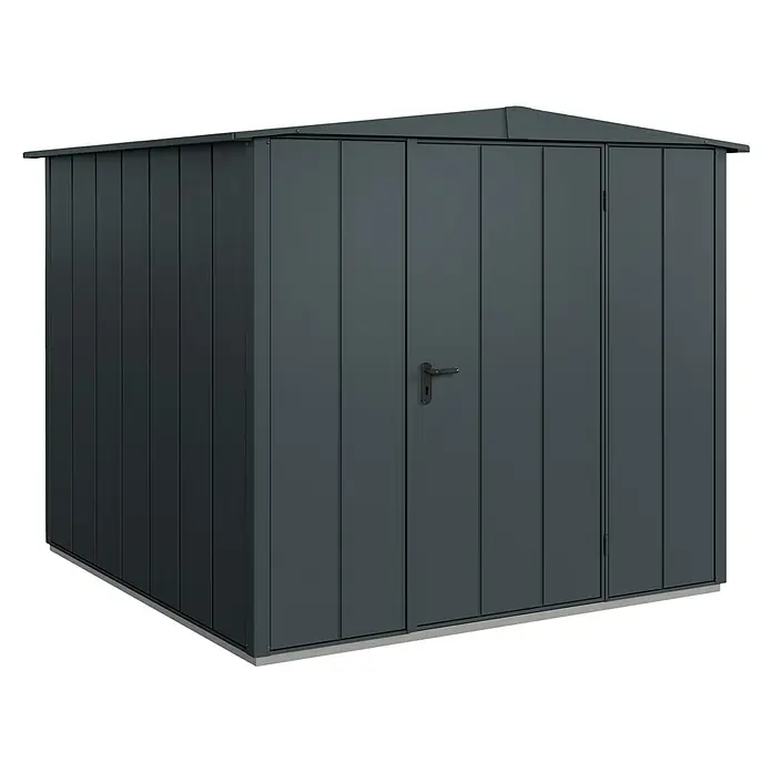EcoStar Gerätehaus Elegant-S Typ 2 - Außenbreite inkl. Dachüberstand: 258,8 cm, Außentiefe inkl. Dachüberstand: 247,7 cm, Anthrazitgrau, Einzeltür - Geräumiges Gartenhaus aus robustem Metall in stilvollem Grau. Perfekt für die sichere Aufbewahrung von Gartengeräten und Werkzeugen.