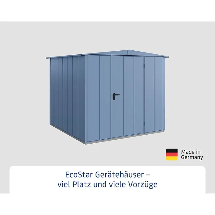 EcoStar Gerätehaus Elegant-S Typ 2 - Außenbreite inkl. Dachüberstand: 258,8 cm, Außentiefe inkl. Dachüberstand: 247,7 cm, Taubenblau, Einzeltür - Abbildung eines EcoStar Gerätehauses in blau, das viel Platz und viele Vorzüge bietet, mit dem Hinweis "Made in Germany".