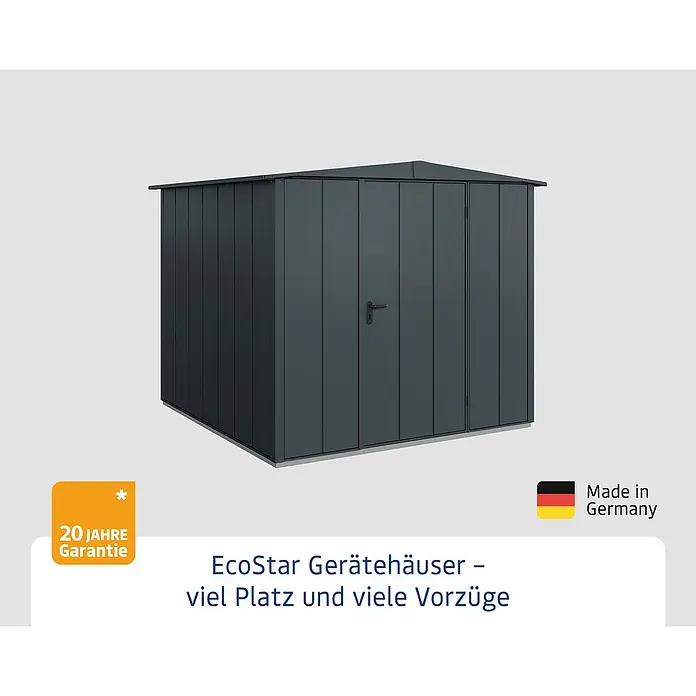EcoStar Gerätehaus Elegant-S Typ 2 - Außenbreite inkl. Dachüberstand: 258,8 cm, Außentiefe inkl. Dachüberstand: 247,7 cm, Anthrazitgrau, Einzeltür - Abbildung eines EcoStar Gerätehauses in Grau mit Garantie und Herkunftsbezeichnung.