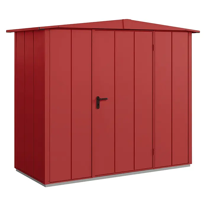 EcoStar Gerätehaus Elegant-S Typ 1 - Außenbreite inkl. Dachüberstand: 258,8 cm, Außentiefe inkl. Dachüberstand: 121,3 cm, Purpurrot, Einzeltür - Ein roter Metallgartenhaus mit Doppeltür und schwarzem Griff, ideal für die Aufbewahrung von Gartengeräten.