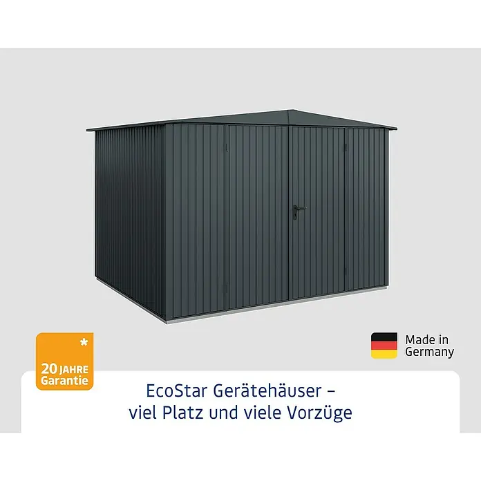 EcoStar Gerätehaus Trend-S Typ 3 - Außenbreite inkl. Dachüberstand: 323,6 cm, Außentiefe inkl. Dachüberstand: 247,7 cm, Anthrazitgrau, Doppeltür - Abbildung eines EcoStar Gerätehauses. Dieses bietet viel Platz und viele Vorzüge für die Aufbewahrung von Gartengeräten.