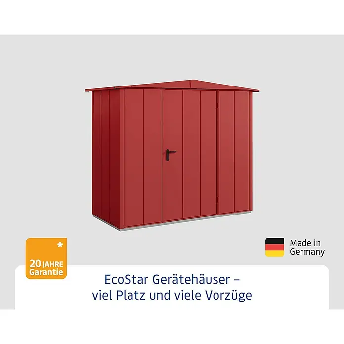EcoStar Gerätehaus Elegant-S Typ 1 - Außenbreite inkl. Dachüberstand: 258,8 cm, Außentiefe inkl. Dachüberstand: 121,3 cm, Purpurrot, Einzeltür - Das EcoStar Gerätehaus bietet viel Platz und zahlreiche Vorteile. Made in Germany mit 20 Jahre Garantie.