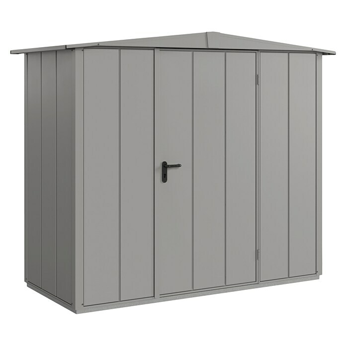 EcoStar Gerätehaus Elegant-S Typ 1Außenbreite inkl. Dachüberstand: 258,8 cm, Außentiefe inkl. Dachüberstand: 121,3 cm, Grau, Einzeltür Diagonal View