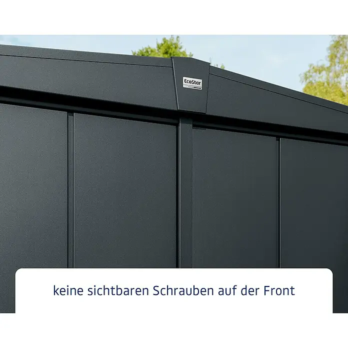 EcoStar Gerätehaus Elegant-S Typ 3 - Außenbreite inkl. Dachüberstand: 323,6 cm, Außentiefe inkl. Dachüberstand: 247,7 cm, Anthrazitgrau, Doppeltür - Das EcoStar Gerätehaus besticht durch sein schraubenloses Design an der Front und seine hochwertige Verarbeitung für eine lange Lebensdauer.