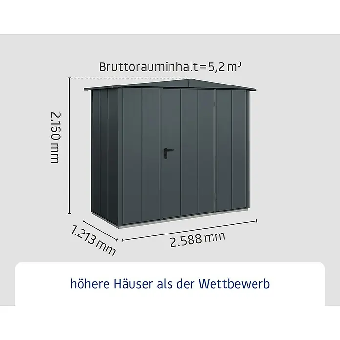 EcoStar Gerätehaus Elegant-S Typ 1 - Außenbreite inkl. Dachüberstand: 258,8 cm, Außentiefe inkl. Dachüberstand: 121,3 cm, Anthrazitgrau, Einzeltür - Abbildung eines Gerätehauses mit den Maßen 2.160 mm Höhe, 1.213 mm Tiefe und 2.588 mm Breite.
